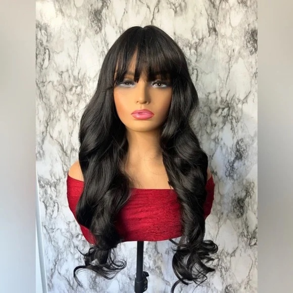 26 Inch Long Wave Curly Black Wig with Bangs density 200% - Picture 1 of 8